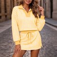 thumbnail image 5 of Women's 2 Piece Plaid Outfits Long Sleeve Collar V Neck Sweatshirt and Drawstring Mini Skirt Lounge Sets Casual Fall Winter Tracksuit Matching Set Yellow, 5 of 7