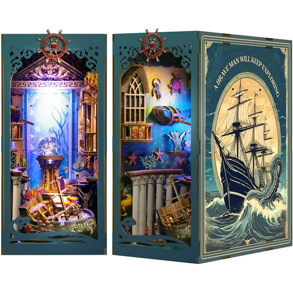 MOJINO Book Nook Kits for Adults - DIY Miniature house 3D Puzzle Doll House Bookends Kit with LED Lighting Creative Tiny House Bookshelf Decor, Gifts for Family and Friends (Undersea Mystery)
