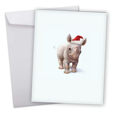 J6726IXSG Jumbo Merry Christmas Card: 'Zoo Babies' Featuring a Sweet and Adorable Baby Rhino Wearing a Christmas Hat Greeting Card with Envelope by The Best Card