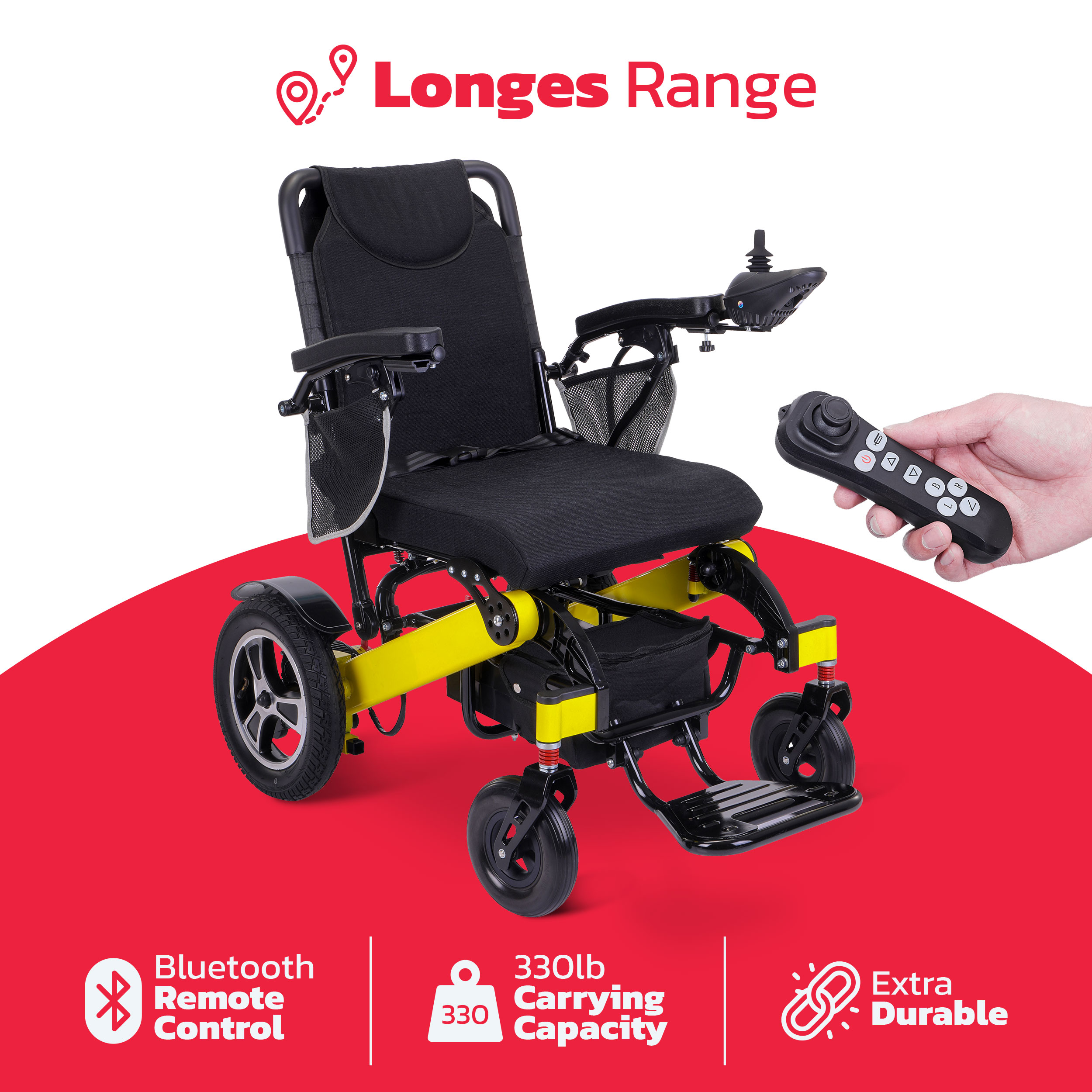 K Klano DX14 Longest Range Electric Wheelchair Yellow, 20 miles, 330