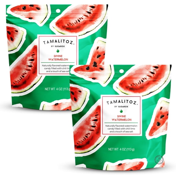 Tamalitoz Divine Watermelon – Spicy Watermelon Mexican Hard Candy Filled with Chile, Lime & Sea Salt Center, Handcrafted Fruit Candy, Gluten-Free, Kosher, No Artificial Colors – 2 Bags (4oz Each)