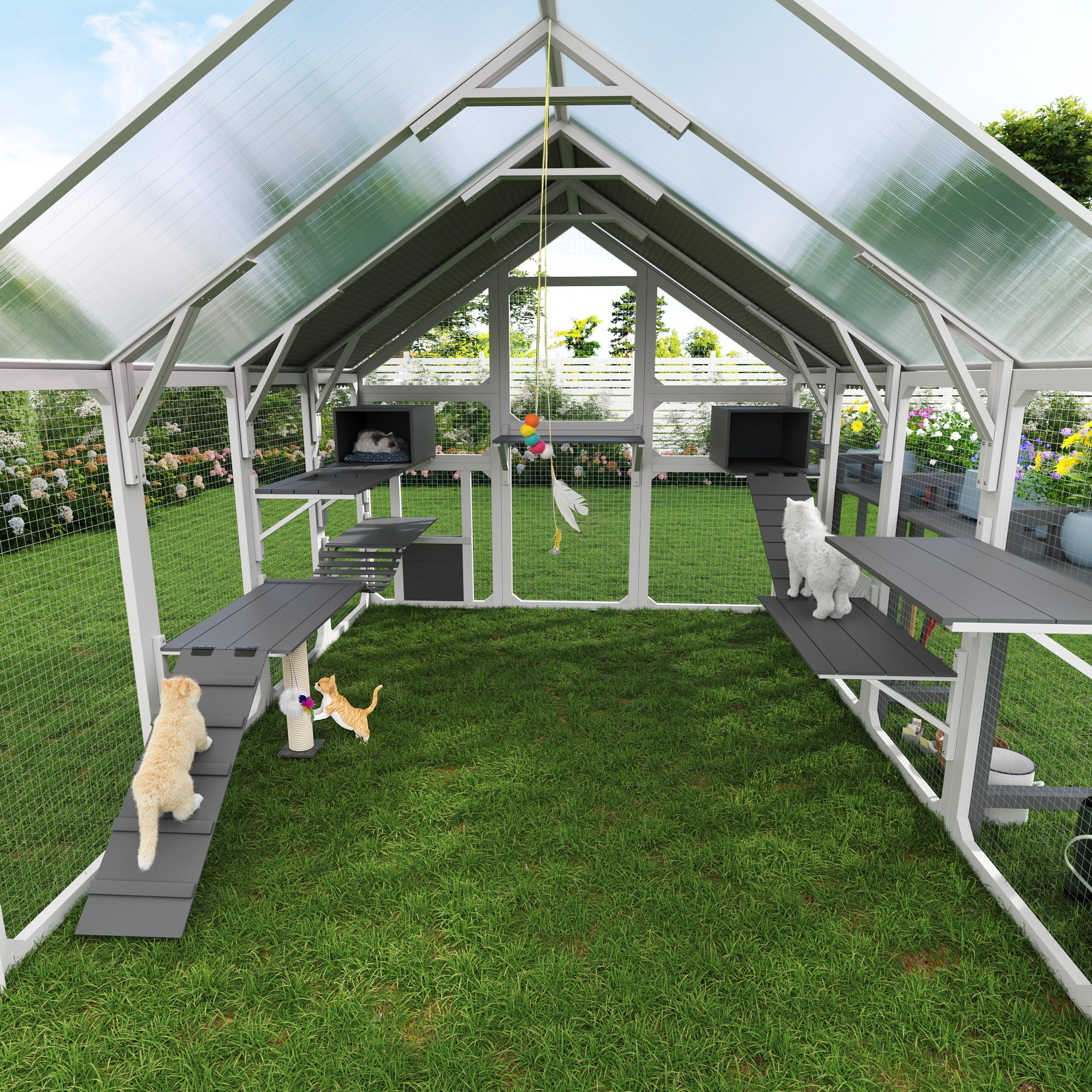 YIORTWO Jumbo Outdoor Catio with Built-in Planter Stand, 4-Tier Wooden Cat Enclosure with 8 Platforms & Bridges, Weatherproof Large Cat House with Sunshine Board Roof, Grey & White