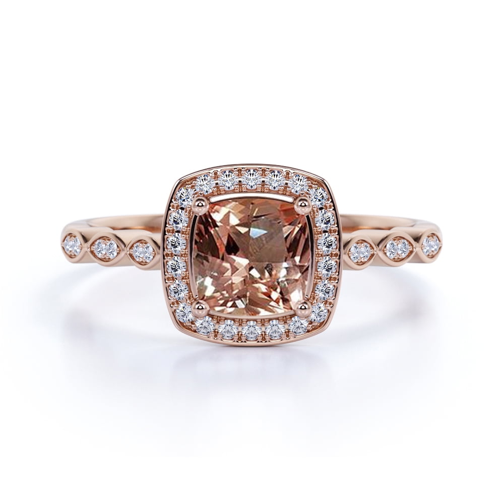 Unique 2 Carat Cushion Cut Morganite and Moissanite Art Deco Engagement Ring in Rose Gold