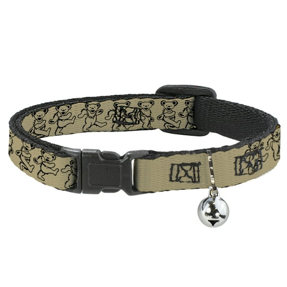 Grateful Dead Breakaway Cat Collar With Bell, Plastic Clip, Easy Adjustable, Dancing Bears Tan Black, 8.5 to 12 Inches 0.5 Inch Wide