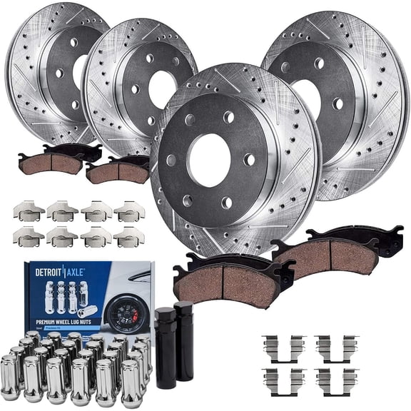 Detroit Axle - Brake Kit for Silverado Sierra 1500 Chevy Tahoe GMC Yukon, 12.01'' inch Front & 12.79'' inch Rear Drilled Slotted Brake Rotors Ceramic Brake Pads Wheel Lug Nuts Socket Keys Replacement