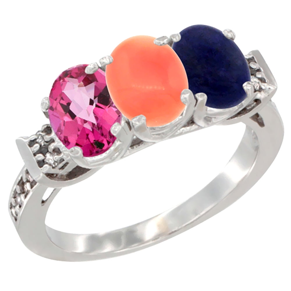14K White Gold Natural Pink Topaz, Coral & Lapis Ring 3-Stone Oval 7x5 mm Diamond Accent, sizes 5 10 by WorldJewels