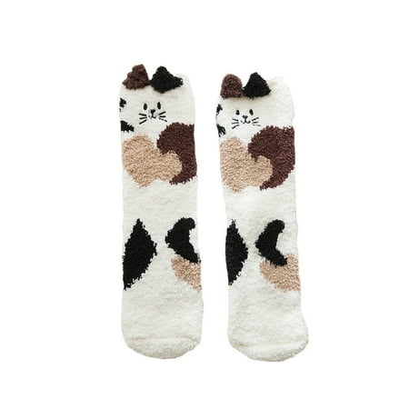 

Winter Stereoscopic Cat Design Socks Stylish Thicken Floor Socks Coral Fleece Socks Fashion Middle Tube Stockings for Girls Lady- One Size