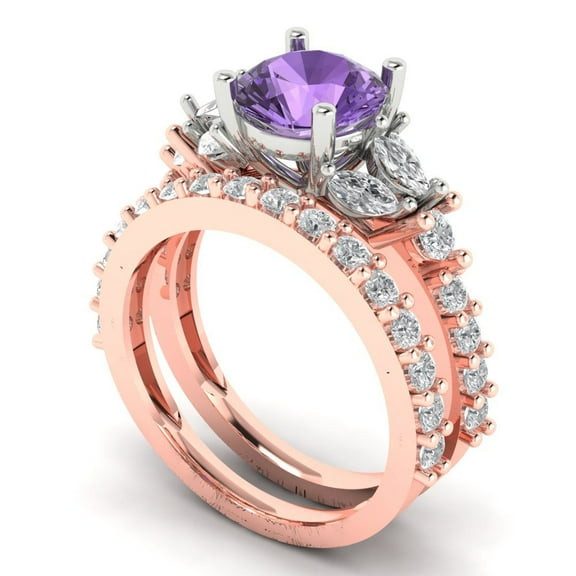 3.06 ct Brilliant Round Cut Alexandrite 14k Rose/White Gold Solitaire with Accents Engagement Bridal Wedding Ring Band Set size 6.25