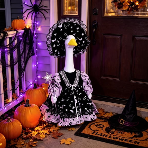 suore Halloween Goose Outfit, Witch Porch Goose Clothes for Outdoor Lawn Decor, Fall Purple Goose Costume for 23" Geese Holiday Outdoor Patio Yard Lawn Decoration