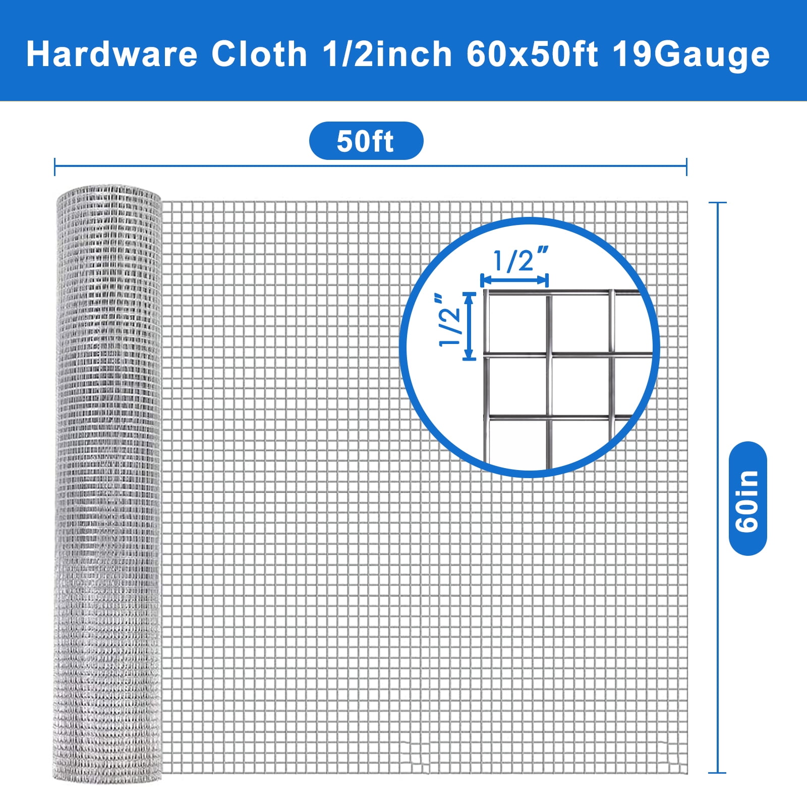 Hardware Cloth 1/2" 60" x 50' 19 Ga Chicken Wire Mesh Roll Galvanized Wire Mesh Roll Tree Guard Welded Wire Fencing Rodent Wire