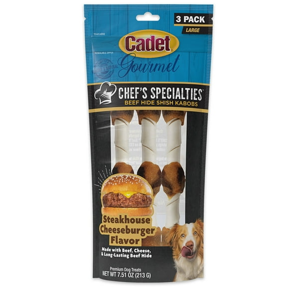 Cadet Chef's Specialties Beef Hide Shish Kabob Dog Treats, Cheeseburger Flavor Dog Chews, Large, 3 Count