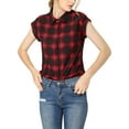 thumbnail image 3 of MODA NOVA Juniors Point Collar Short Cap Sleeves Plaids Button Down Shirt, 3 of 7
