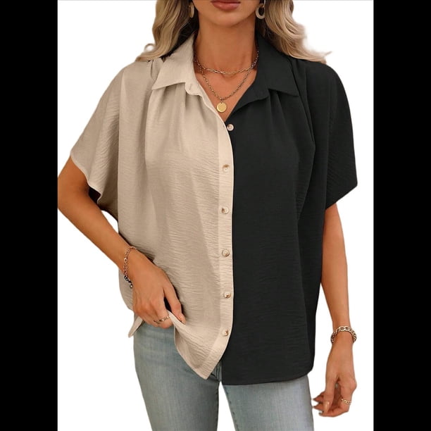 Blusas Casuales Clásicas de Corta con Botones para Mujer, Estilo Hawaiano, para Vacaciones en la Playa, Color Negro Albaricoque Talla M