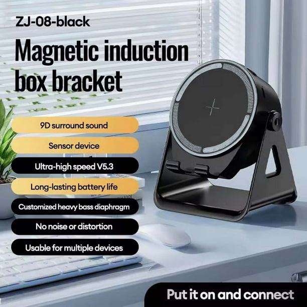 Soporte para altavoz de inducción inalámbrica para teléfono móvil | Sonido estéreo Bluetooth | Luz Ambiental RGB | Dispositivos universales de 4-13 pulgadas | No hace falta emparejamiento | Visión