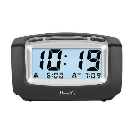 Dual Smart Set Alarm Clock DreamSky Dual Alarm Clock with Smart Adjustable Nightlight, Snooze, Large LCD Display, Portable Battery Operated, Ascending Alarms Sound, Simple Operate Clock for Bedroom Kids Black ()