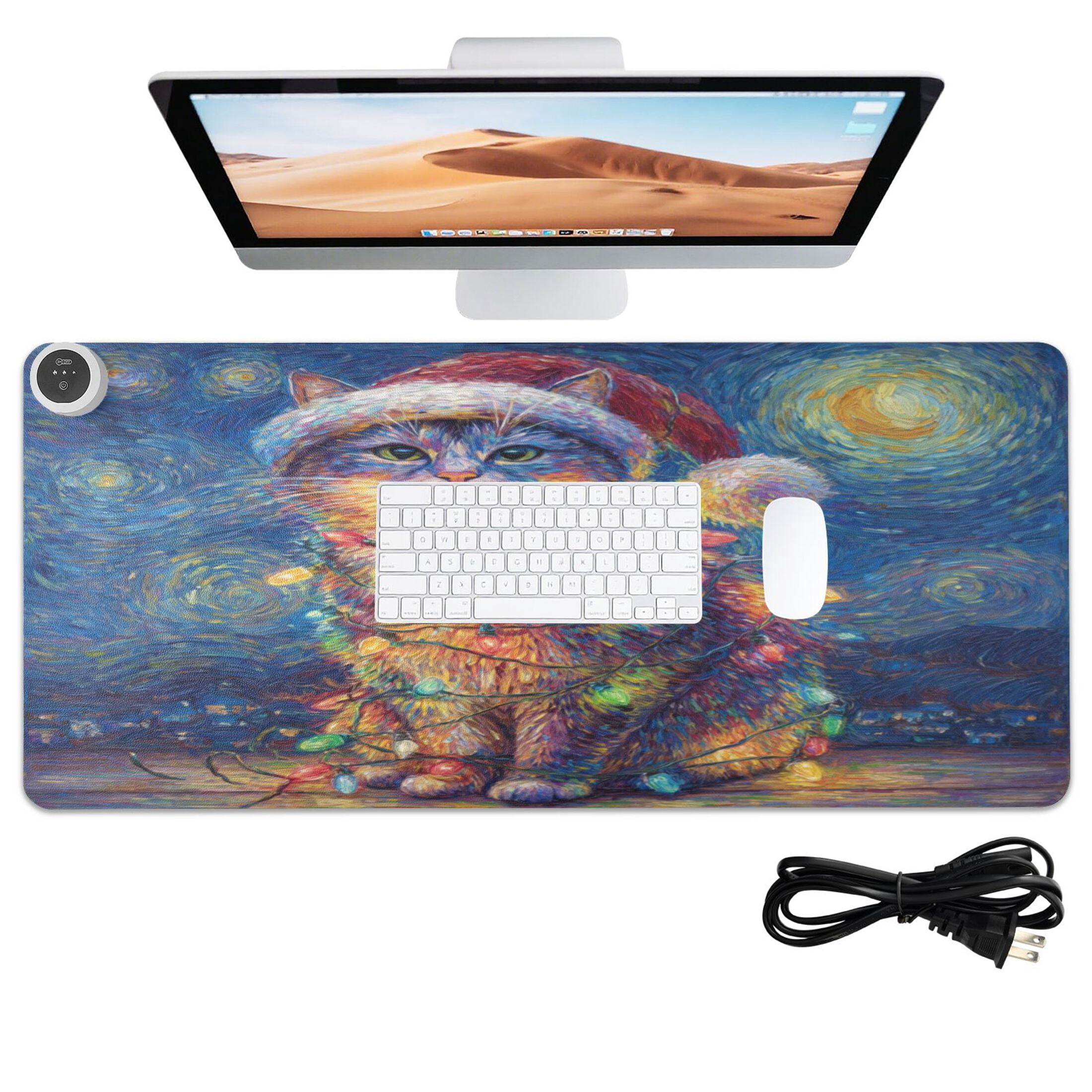 Large Heated Desk Mat Mouse Pad 31.5"x13"PU Leather Graphene Heating Desk Warmer with 3 Temperature Settings 110V US Plug Non-Slip Warm Pad for Home, Office, and Gaming A Cat with Colorful Lights