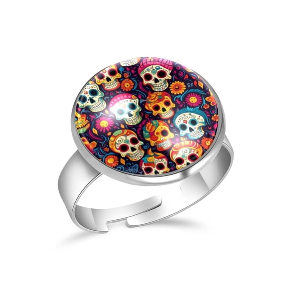 PhooArto Skull Flowers Pattern Stainless Steel Rings for Women, Open Adjustable Ring Promise Ring Jewelry Gifts