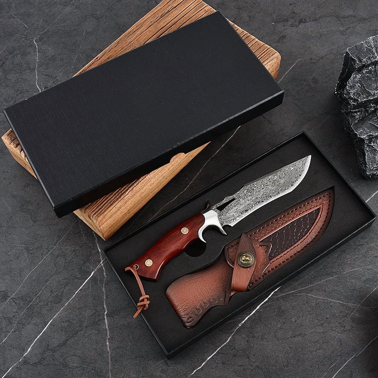 Hunting Knife with Damascus Steel Blade, Full Tang Fixed Blade with Leather Sheath