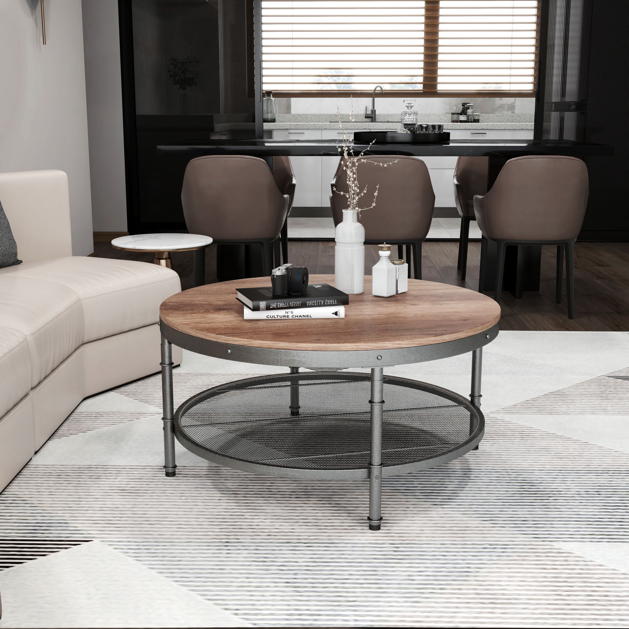 Resenkos 2-Tier Walnut Wood Top Round Coffee Table with Black Metal Base for Dining Room Living Room Resenkos 2-Tier Walnut Wood Top Round Coffee Table with Black Metal Base for Dining Room Living Room