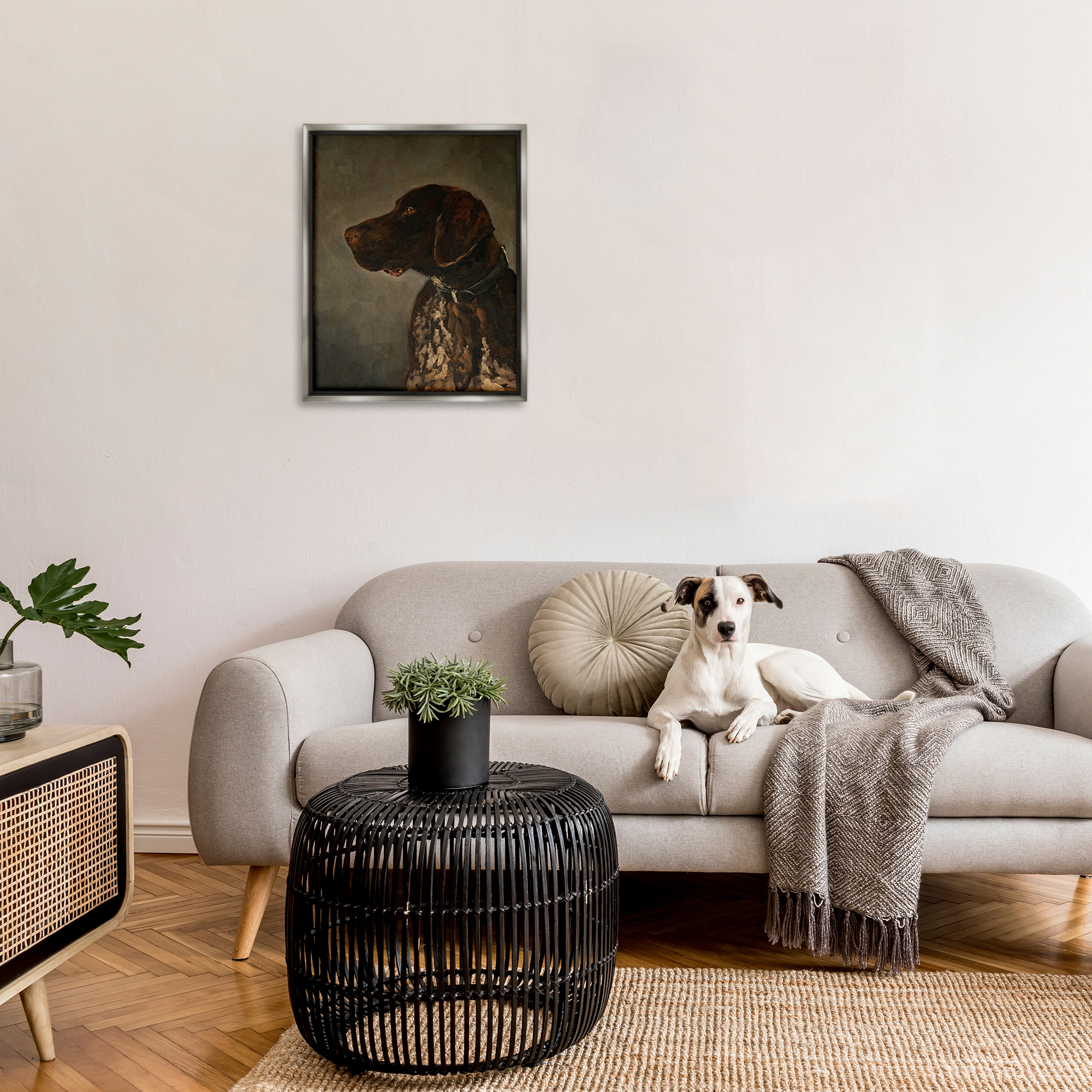 Stupell Industries Traditional Pointer Dog Portrait Animals & Insects Painting Gray Floater Framed Canvas Art Print Wall Art, 25 x 31