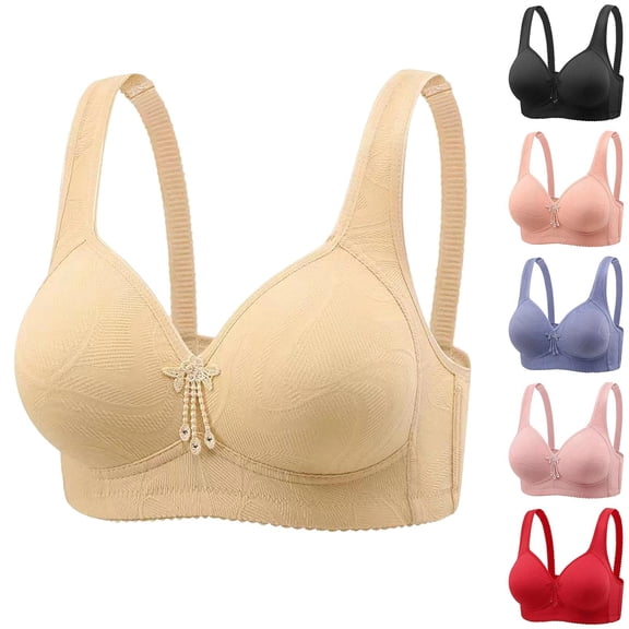 UVEASISHA Wireless Bra for Women Wide Straps Side Smooth Bralettes Comfort Push Up Bras Full Coverage Everyday Bras Breathable Minimizer Bras Beige 42