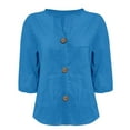 thumbnail image 4 of Weikingp Dressy Summer Tops For Women Linen Shirt for Women V Neck Collared Blouse Casual Tops Short Sleeve Button Down Women Camp Shirts For Women Trendy Shirts For Women 2025 Blue L, 4 of 6