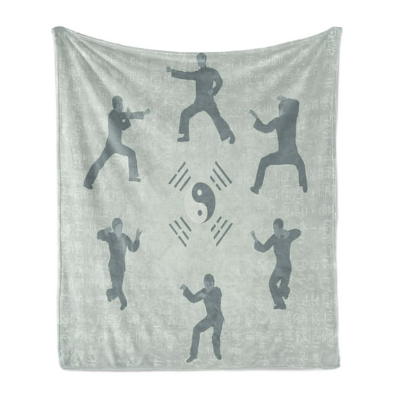 Kung Fu Soft Flannel Fleece Throw Blanket, Yoga and Karate Poses with Japanese and Yin Yang, Cozy Plush for Indoor and Outdoor Use, 50" x 60", Sage Green Charcoal Grey, by Ambesonne