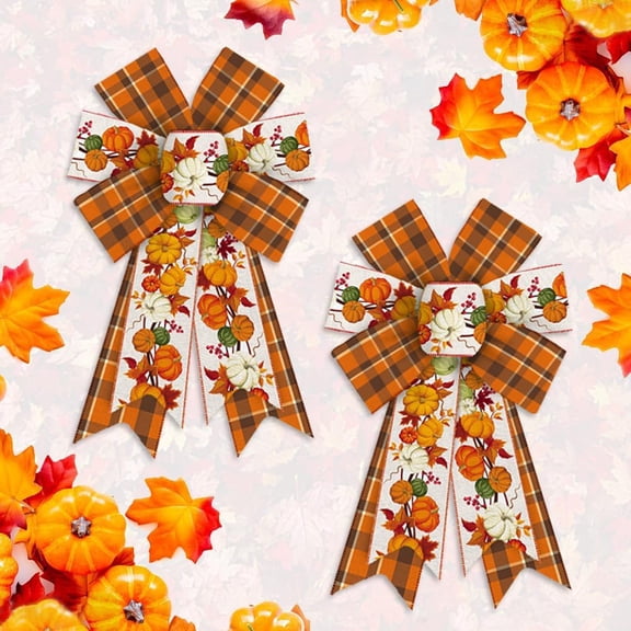 Hsomely 2PCS Fall Wreath Bow, Pumpkin Stem Orange Buffalo Plaid Burlap Linen, Thanksgiving Decor for Wreath Indoor & Outdoor Home Party