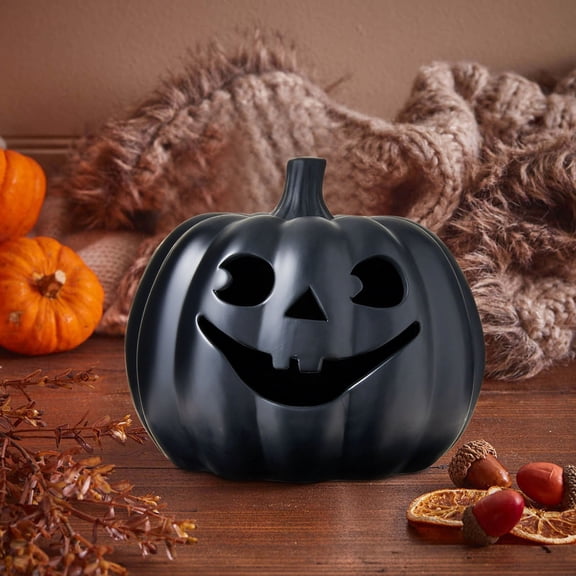 Black Halloween Pumpkin Resin Decoration, Matte Pumpkin Lantern Tabletop Ornament with Hollow Carved Design, Decorative Pumpkin for Shelf, Mantel, Porch, Indoor Outdoor Halloween Home Decor