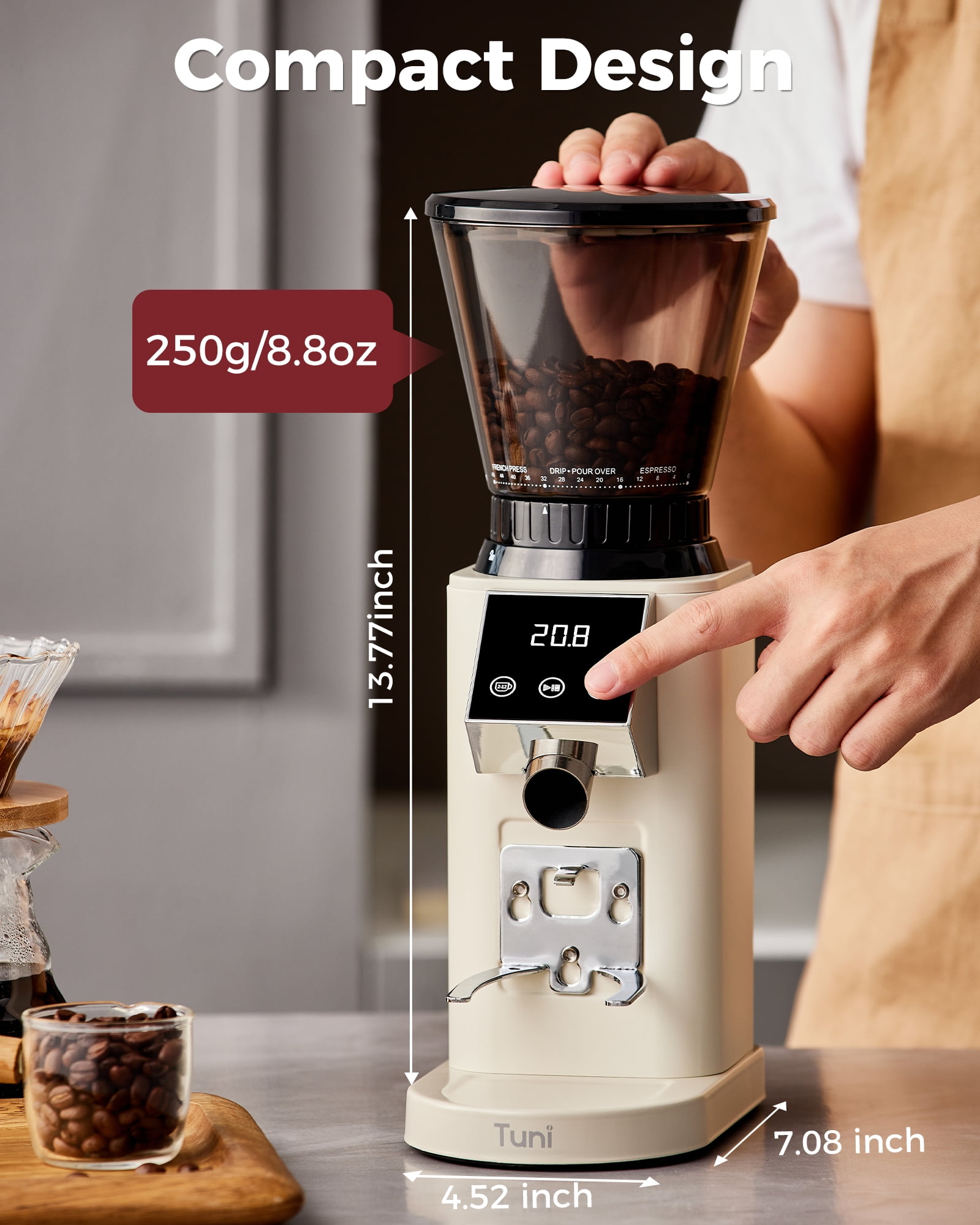 Tuni G1 Conical Burr Coffee Grinder, 48 Grind Settings Anti-static Burr Mill, Precision Electronic Timer and LED Touchscreen for Espresso/Drip/Cold Brew/French Press, Stainless Steel, Ivory