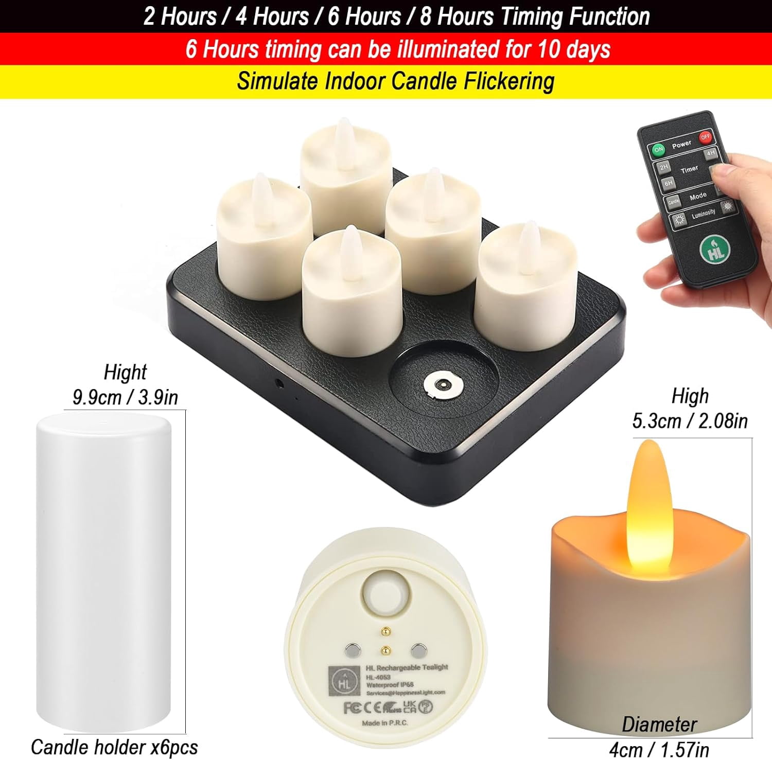 HL Rechargeable Tea Light Candles with Remote Timer,LED Tea Lights Candles Battery Operated,Waterproof Flameless Candles for Home Decor Seasonal Decor,100Hours,Amber,6Pack(2A Adapter Included)