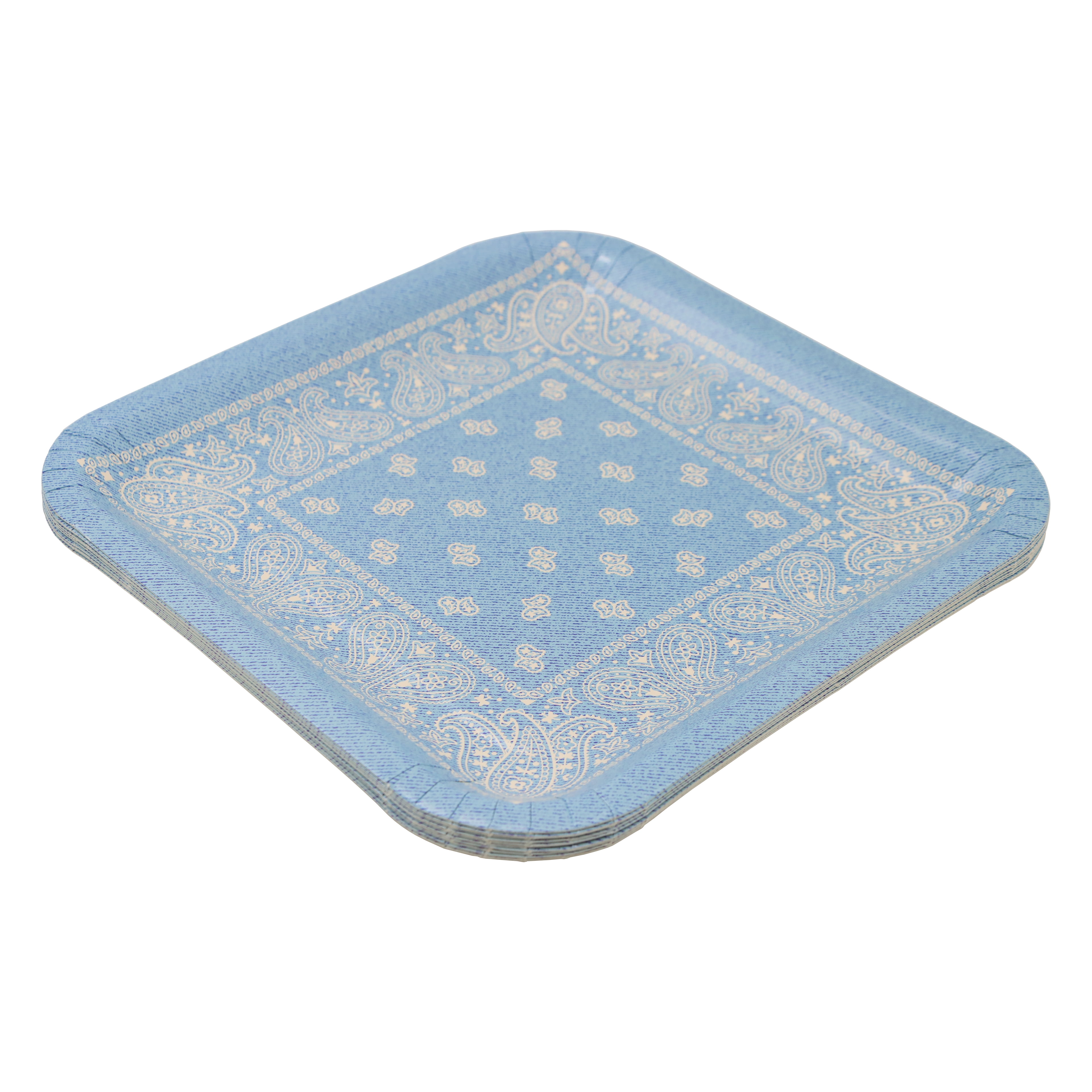 Celebrate It Paper Plates - Blue Bandana Print Square Dinner Plates, Blue, 9" x 9", 12 Packs (120 Total)