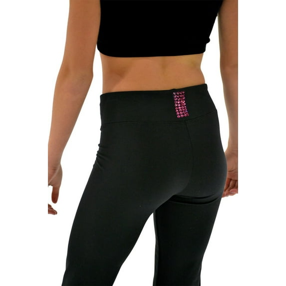 Chloe Noel P622F All Black 3" Waist Band Light Weight Fleece Figure Skating Pants with Fuchsia Swarovski Crystal Blocks