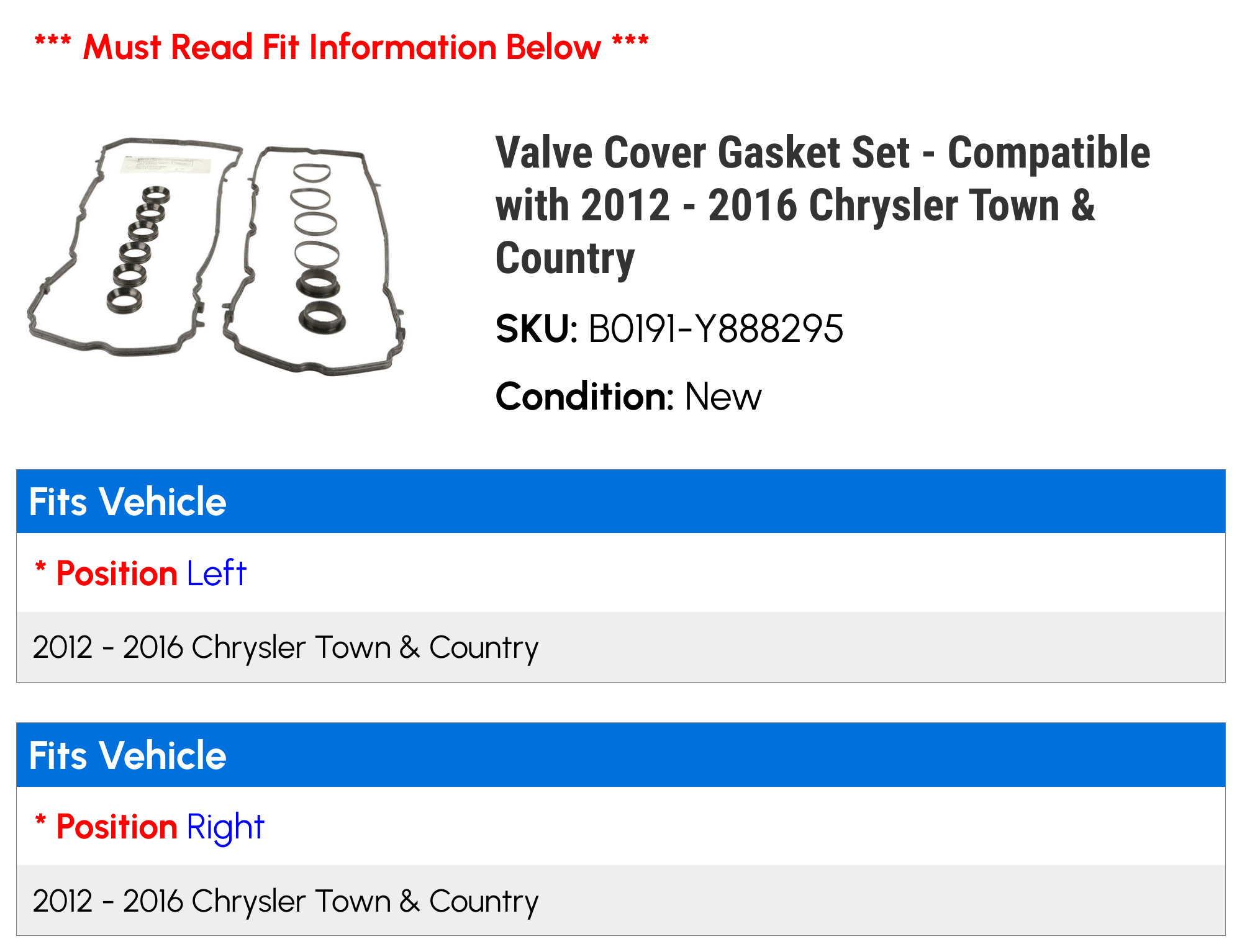 Valve Cover Gasket Set - Compatible with 2012 - 2016 Chrysler Town & Country 2013 2014 2015