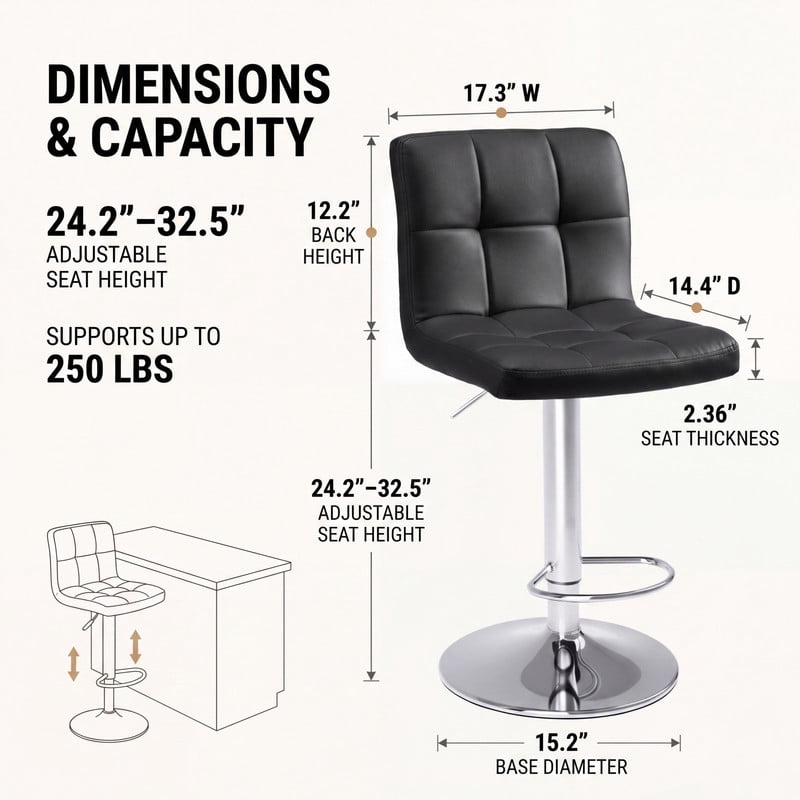 BEAUTYPEAK Adjustable Bar Stools Set of 2 PU Leather Swivel Counter Height Chairs with Backrest and Footrest, Black