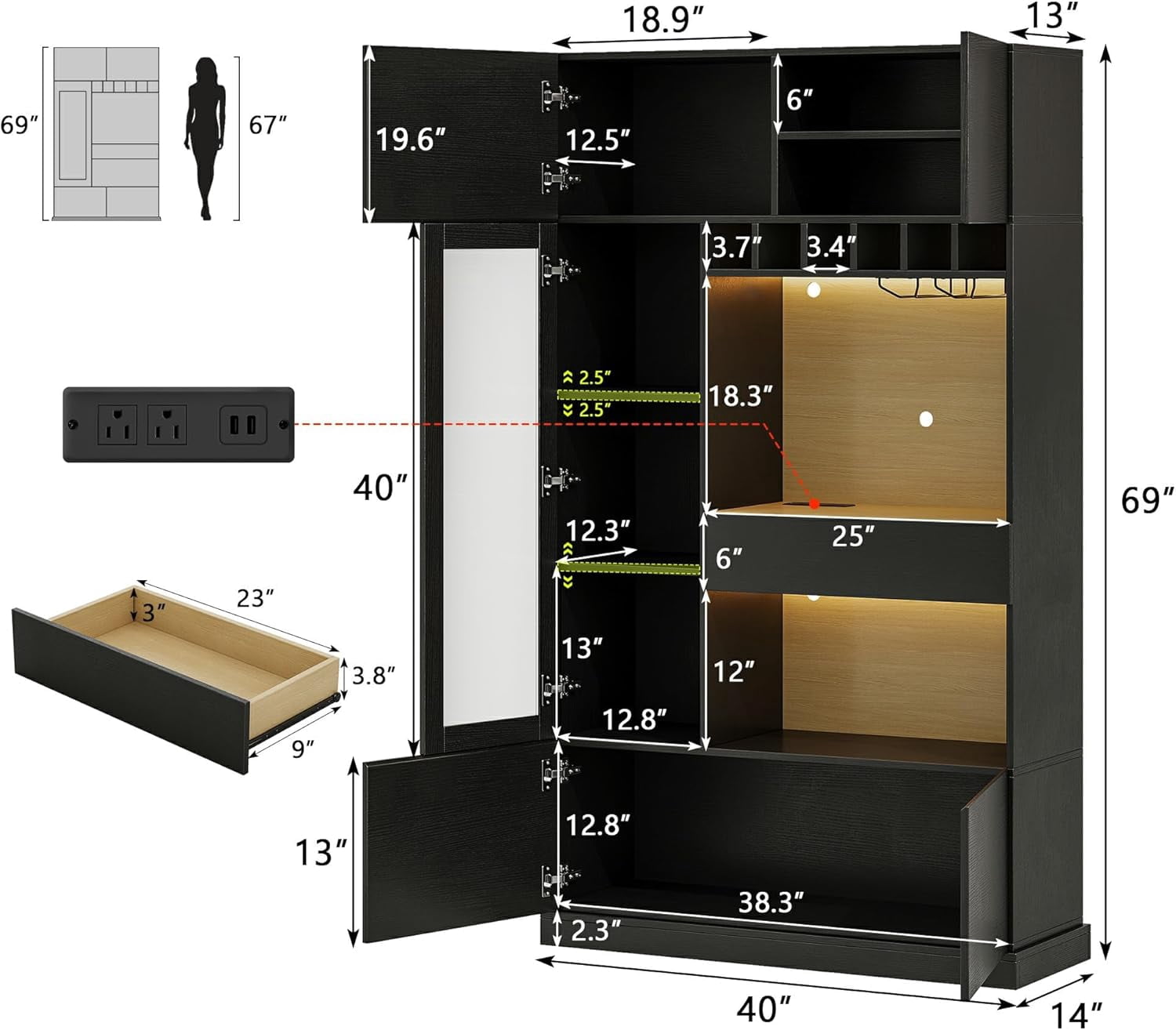 iPormis 69" Tall Kitchen Pantry Storage Cabinet with LED Light & Outlet, Kitchen Hutch with Microwave Stand & Wine Rack & Glass Door & Adjustable Shelf, Coffee Bar Hutch with Countertop, Black