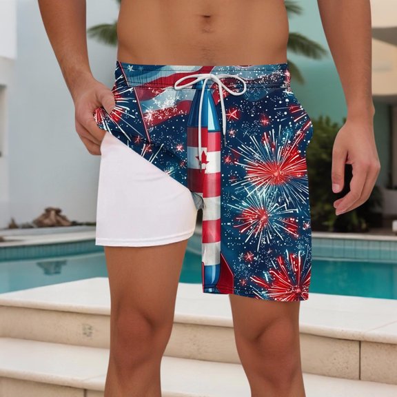 cllios Boys Swim Trunks with Compression Liner Quick Dry Baord Shorts Men American Flag Bathing Suits Independence Day Red White and Blue Printed Swimwear
