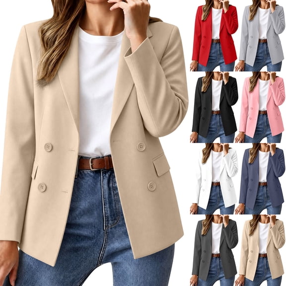 Acaics Women's Double Breasted Blazer Jacket, Long Sleeve Lapel Collar Casual Work Office Outer Coat with Pockets