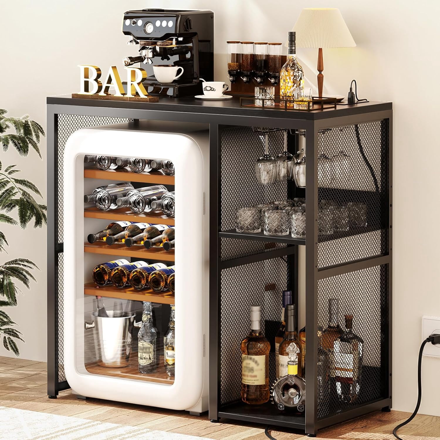 iSunirm Mini Fridge Stand with Storage Shelves, Kitchen Bakers Rack Microwave Stand with Charging Station & Glass Holder for Dining, Kitchen, Living Room, Black