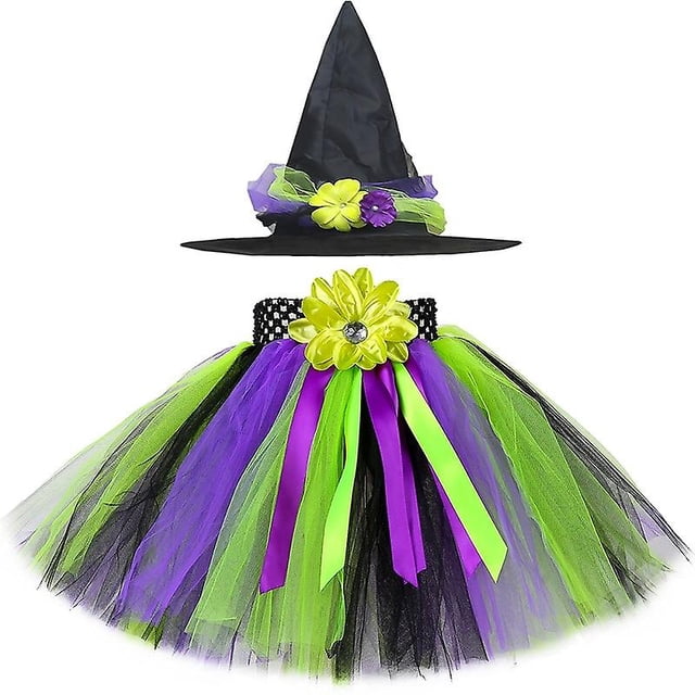 Conjunto de falda tutú de bruja para niñas, disfraz de fiesta de Carnaval de Halloween, tutú para bebés, faldas de tul para niños con sombrero, escoba 1-14