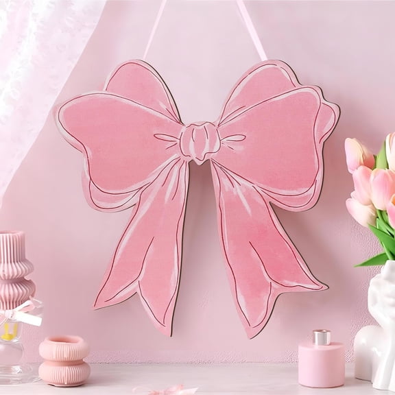 ZoeyC 2D Pink Bow Wooden Hanging Sign Coquette Bow Wall Hanging Hanger Cute Preppy Wall Art Bowknot Welcome Door Sign Girly Decor for Girls Room College Dorm Apartment Indoor Outdoor Porch