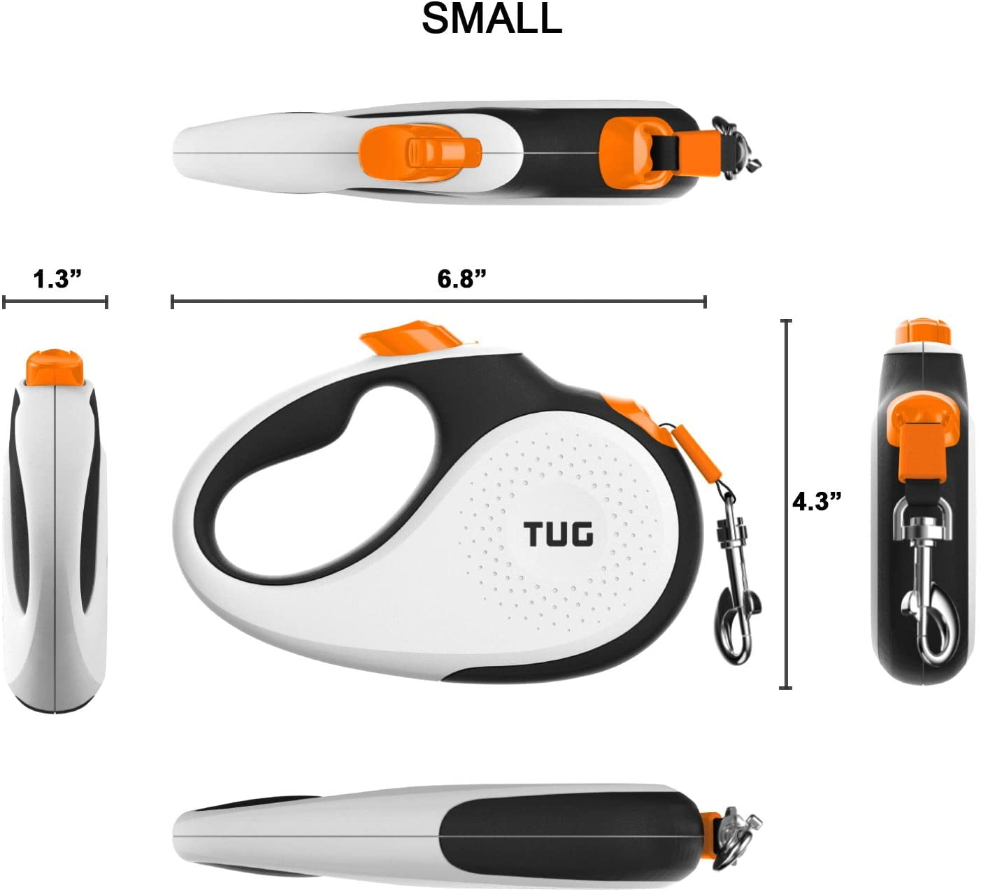 TUG 360° Tangle-Free Retractable Dog Leash with Anti-Slip Handle | 16 ft Strong Nylon Tape | One-Handed Brake, Pause, Lock (Small, White/Orange)