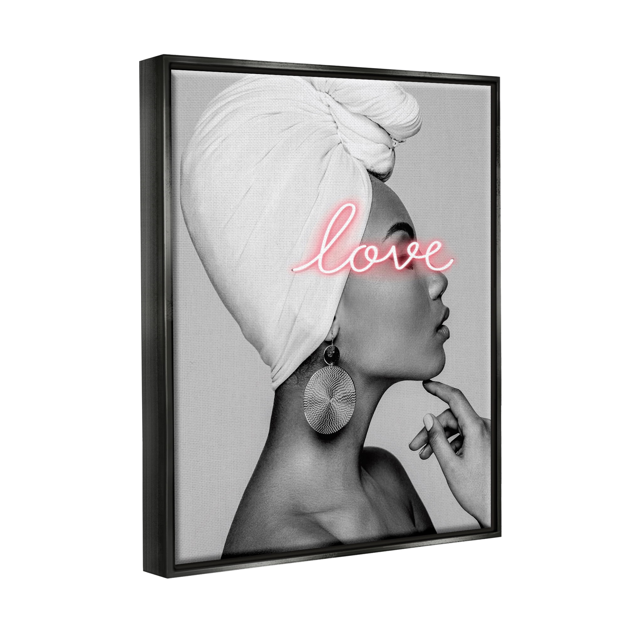 Stupell Industries Woman Portrait Pink Love Phrase Typography Painting Black Floater Framed Art Print Wall Art, 17 x 21
