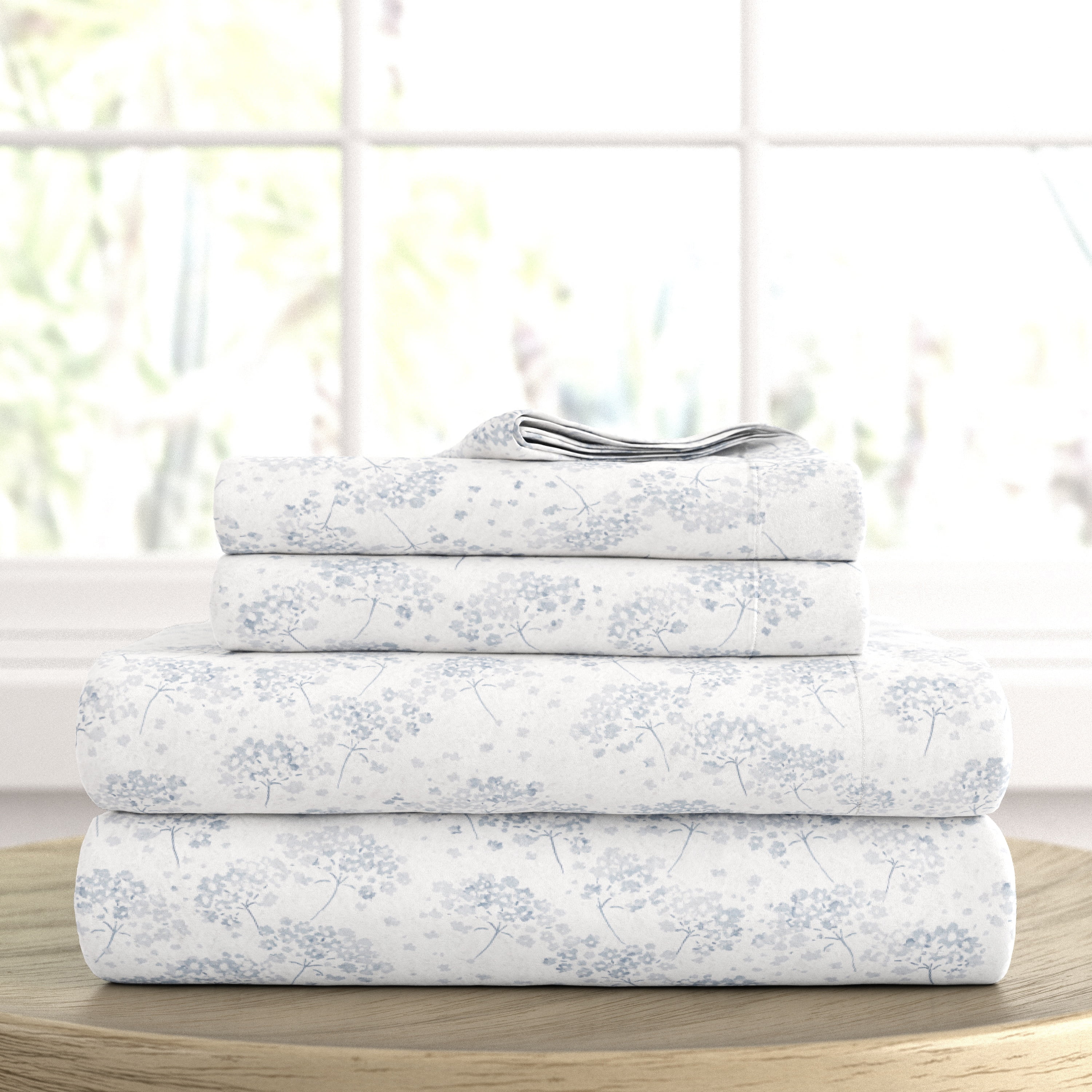 Light Blue Flower Bunch 4 Piece 100 Cotton Flannel Deep Pocket Sheet