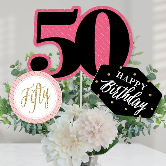 Big Dot of Happiness Chic 50th Birthday - Pink, Black and Gold - Birthday Party Centerpiece Sticks - Table Toppers - Set of 15