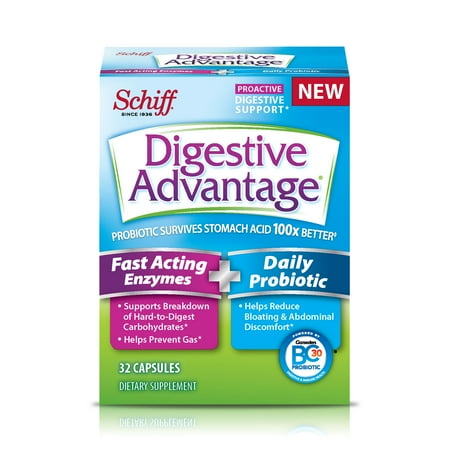 Foods Natural Enzymes - Digestive Advantage Fast Acting Enzymes + Daily Probiotic, 32 Capsules