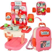 Kids Kitchen Backpack Toy High Simulation Backpack Kitchen Playset Early Educative Kitchen Accessories Toy Parent-Children Interactive Backpack Kitchen Toy for Kids Aged 3+(Red)