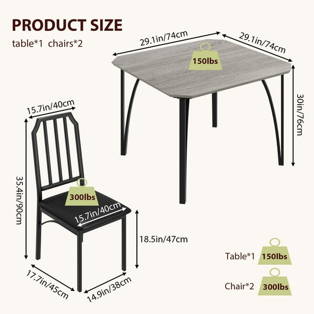 GloryStar Dining Table Set for 2, Kitchen Table and Chairs for 2 with Padded Seats, 3 Piece Dining Room Table Set with Angular Design for Small Space, Home Kitchen, Apartment