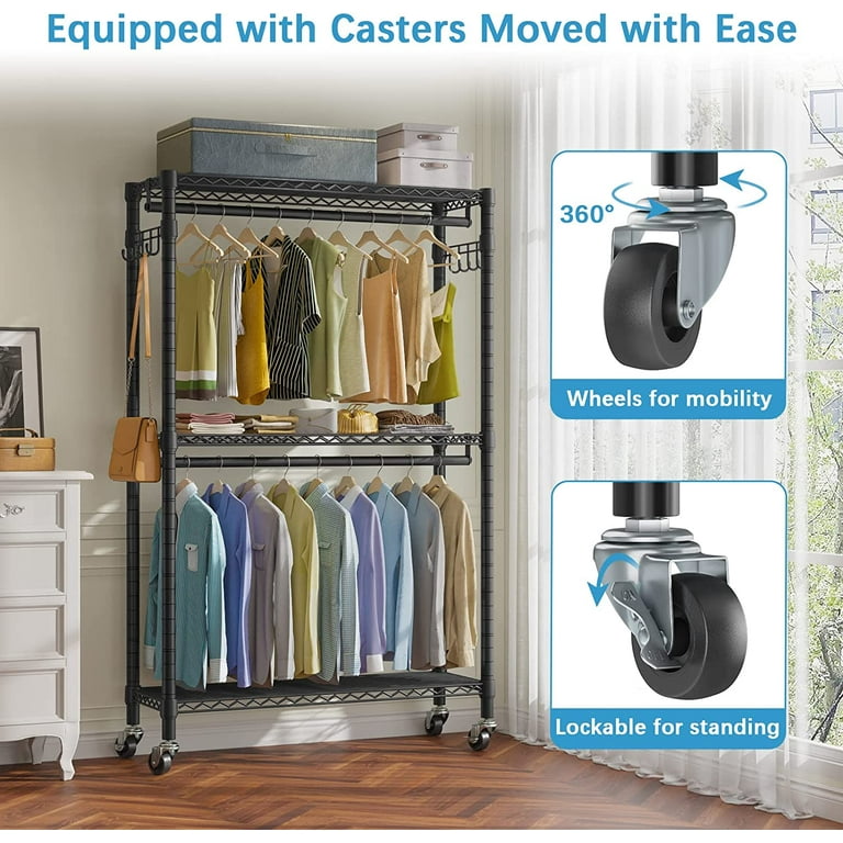 Heavy Duty Rolling Garment Rack with Cover Double Rods Adjustable for Small Space Walmart