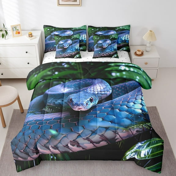 Snake 7 Piece Bed in a Bag Twin,Blue Snake Comforter Set Man,3D Reptile Sheet Set Tropical Bed Set,Blue Scales Quilt Set,Palm Leaf Wild Animal Wildlife Bedding Set